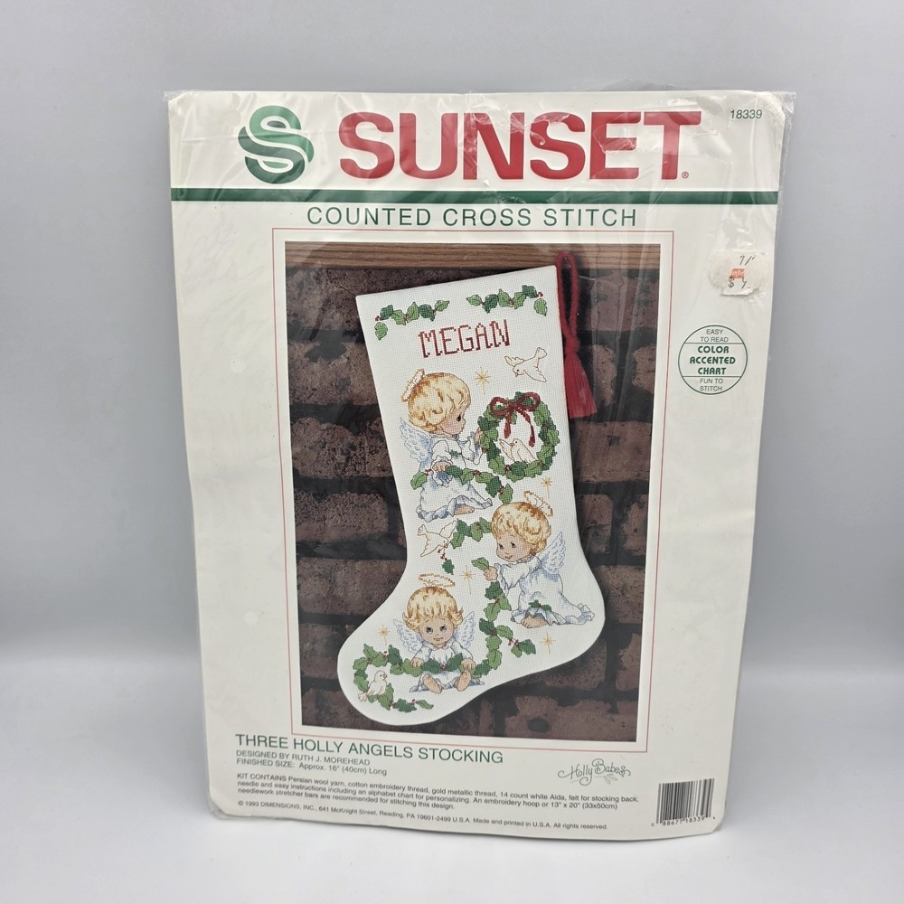 Vintage Sunset Stocking Kit Three Holly Angels 16" Counted Cross SEALED 18339